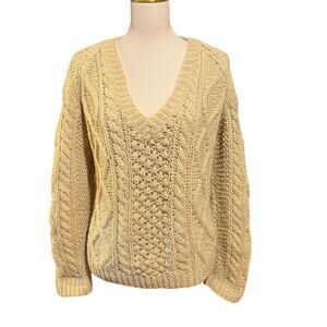 Vintage Wool Blend Cream Fisherman Sweater V Neck Cable Knit Womens Size Medium